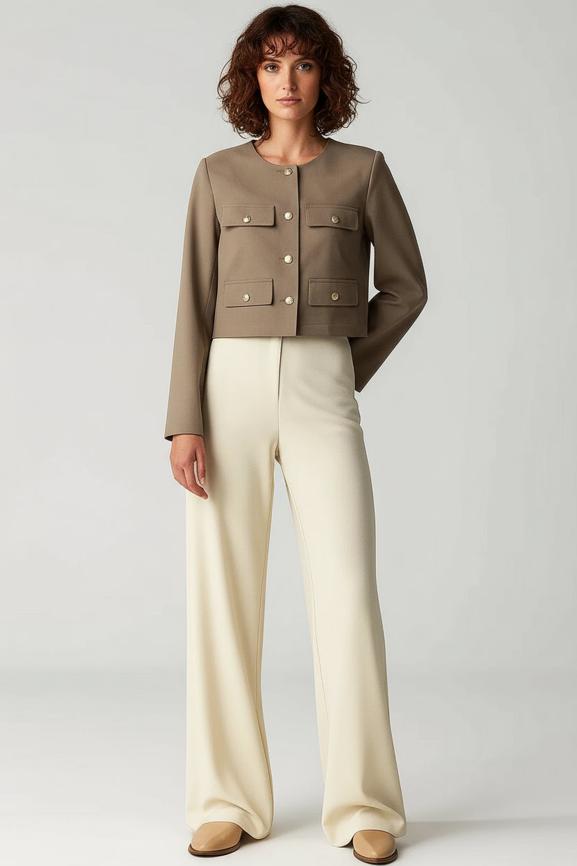 Women’s Taupe Cropped Blazer – Gold Button Detailing and Structured Modern Fit
