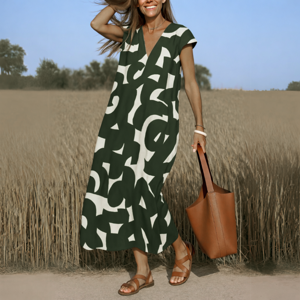 Women's Maxi Dress V-Neck Short Sleeve Abstract Print