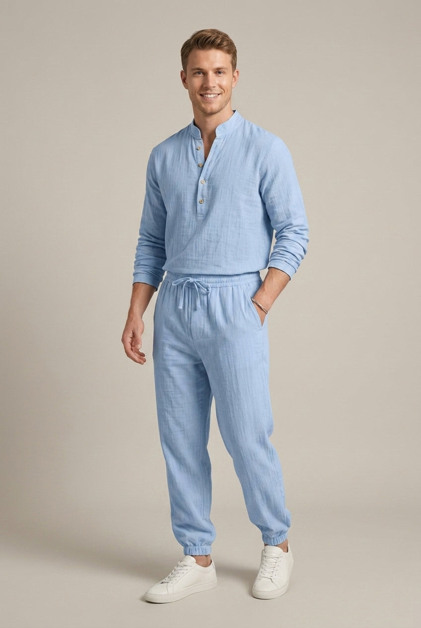 Men's Linen Two Piece Set - Long Sleeve V-Neck Henley Shirt and Jogger Pants with Drawstring