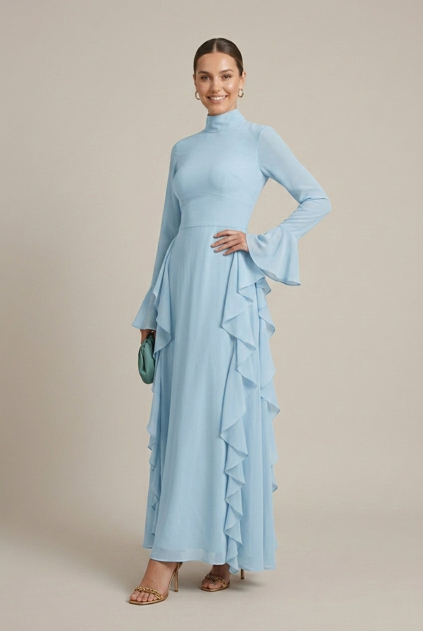 Women's High Neck Long Sleeve Ruffle Bodycon Dress