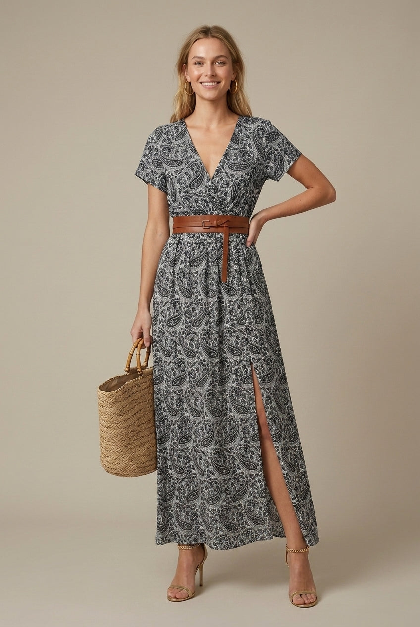 Women's Floral Maxi Dress - V Neck Short Sleeve A-Line