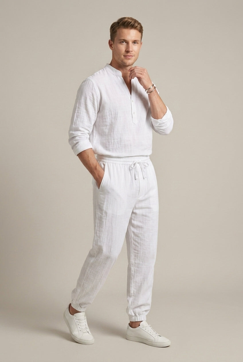 Men's Linen Two Piece Set - Long Sleeve V-Neck Henley Shirt and Jogger Pants with Drawstring