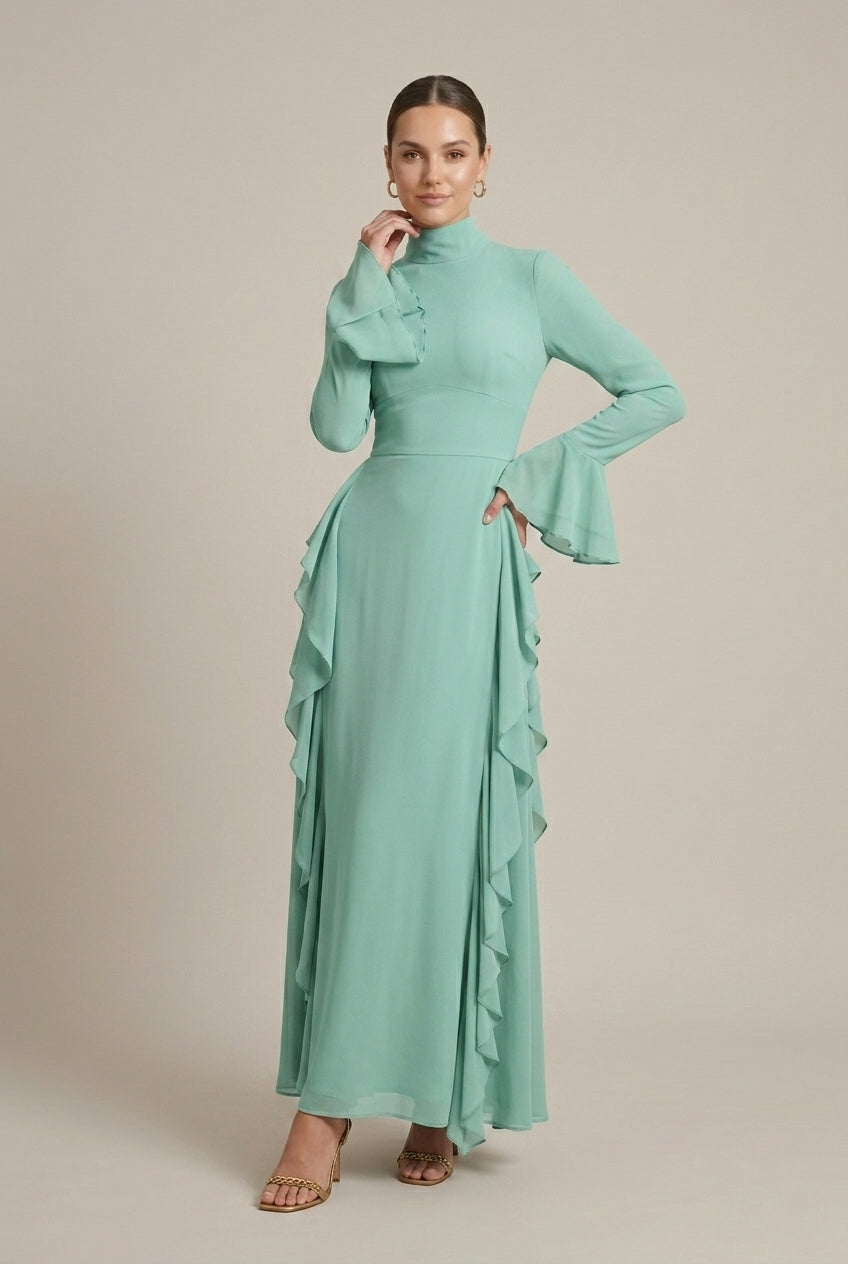 Women's High Neck Long Sleeve Ruffle Bodycon Dress