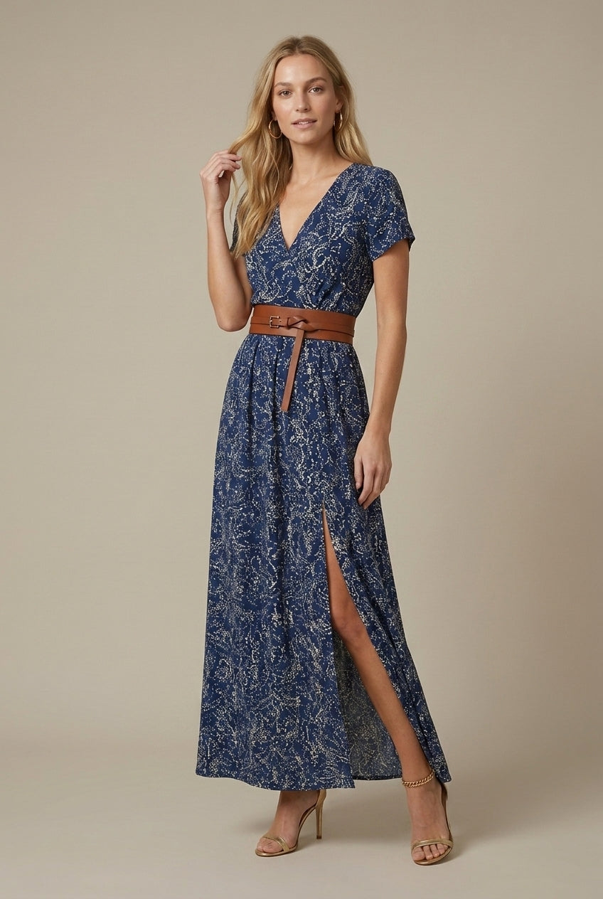 Women's Floral Maxi Dress - V Neck Short Sleeve A-Line
