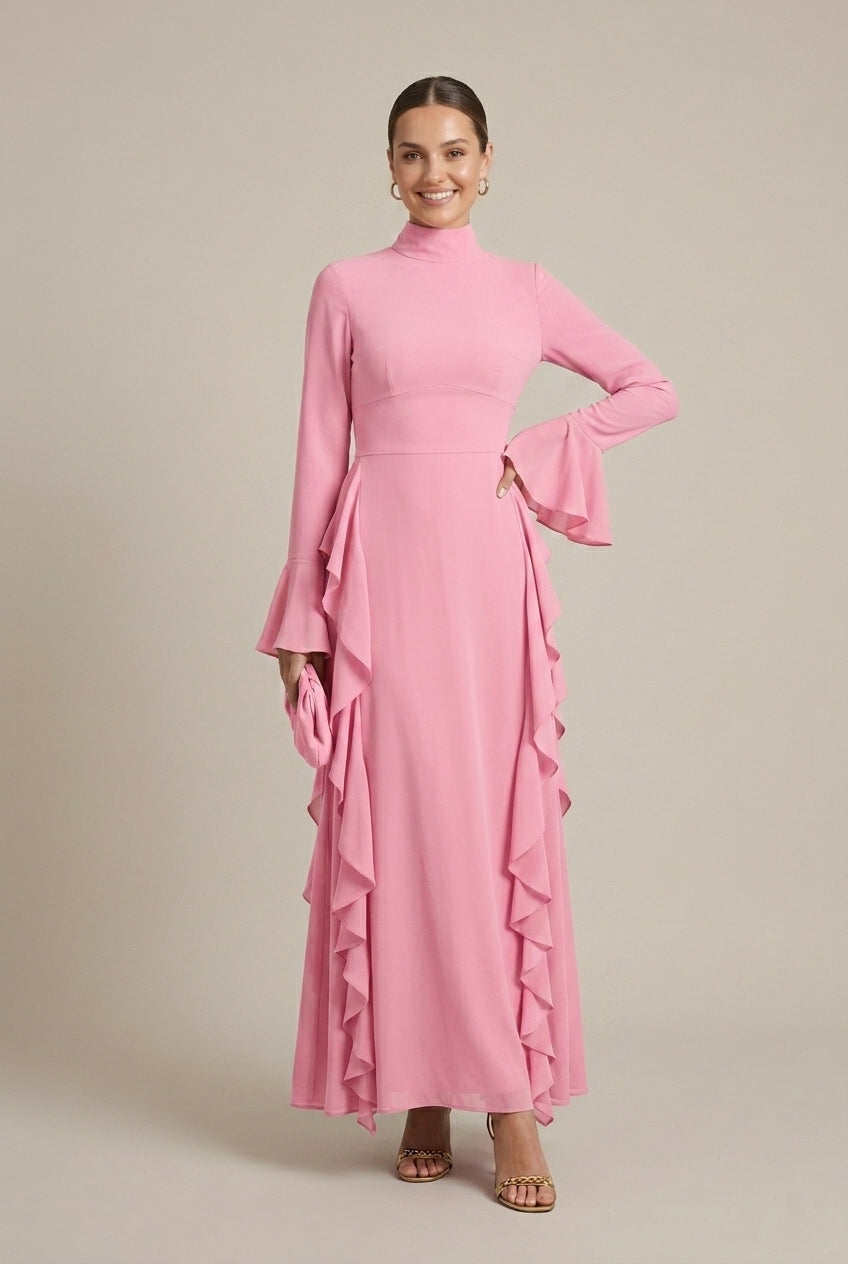 Women's High Neck Long Sleeve Ruffle Bodycon Dress