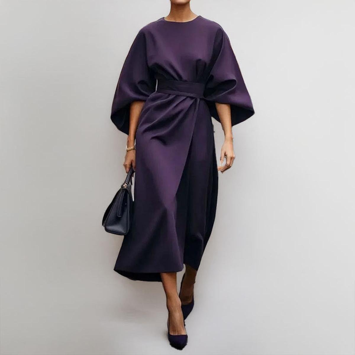 Women’s Batwing Sleeve Maxi Dress with Round Neck and Waist Belt