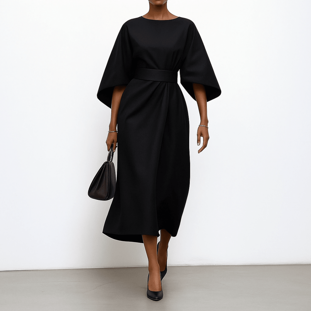 Women’s Batwing Sleeve Maxi Dress with Round Neck and Waist Belt