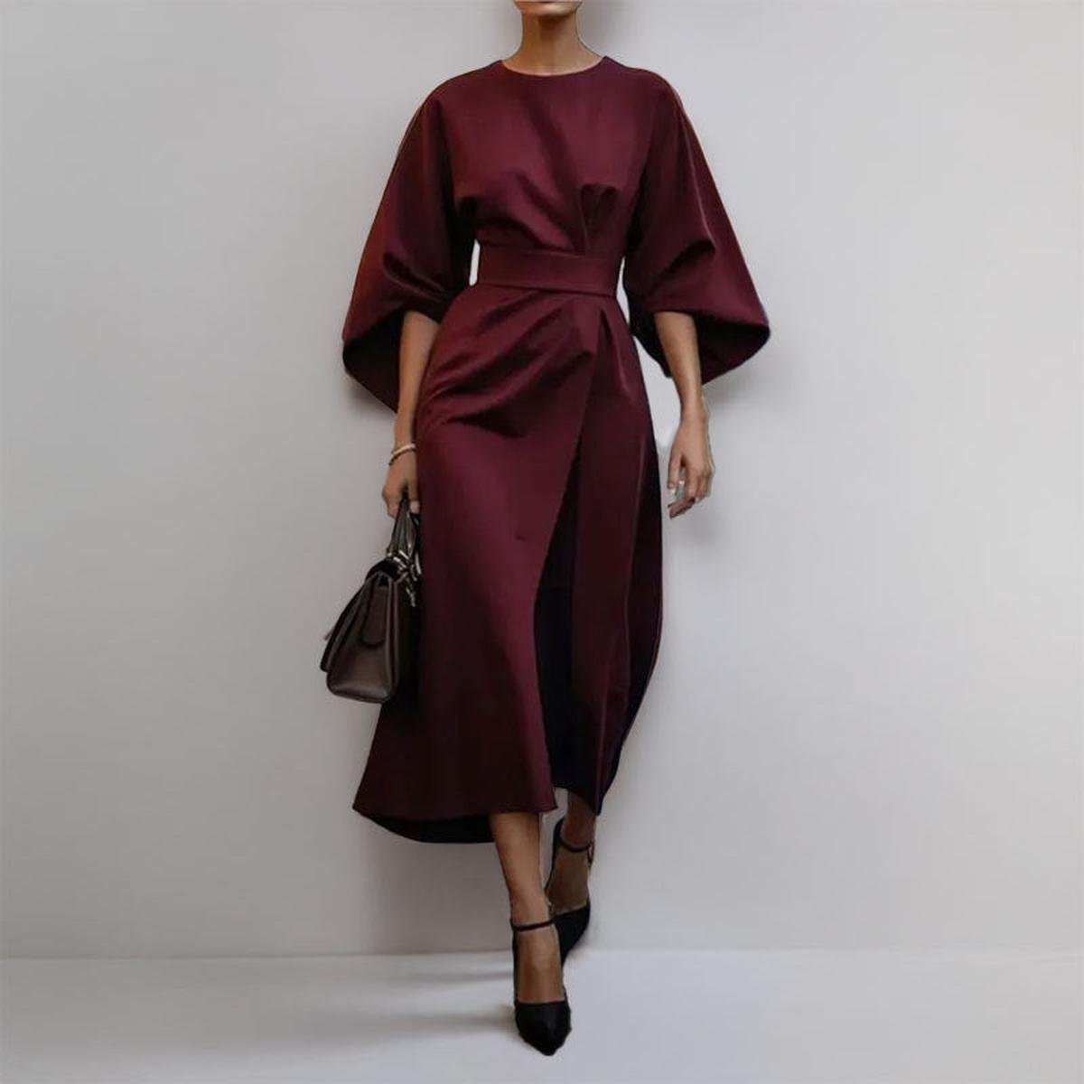 Women’s Batwing Sleeve Maxi Dress with Round Neck and Waist Belt