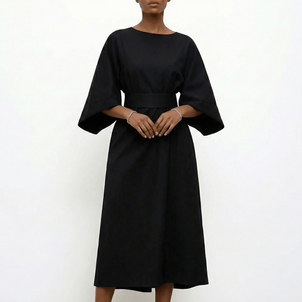 Women’s Batwing Sleeve Maxi Dress with Round Neck and Waist Belt