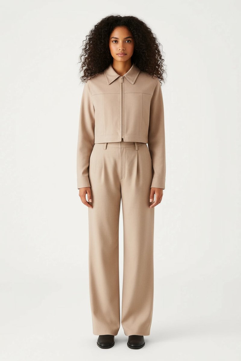 Women’s Beige Two - Piece Set – Cropped Zip - Up Jacket and Wide - Leg Pants