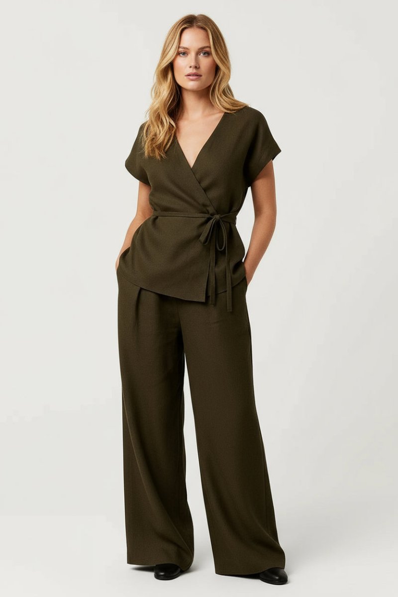 Women’s Belted Two - Piece Set – Wrap Top and Wide - Leg Pants