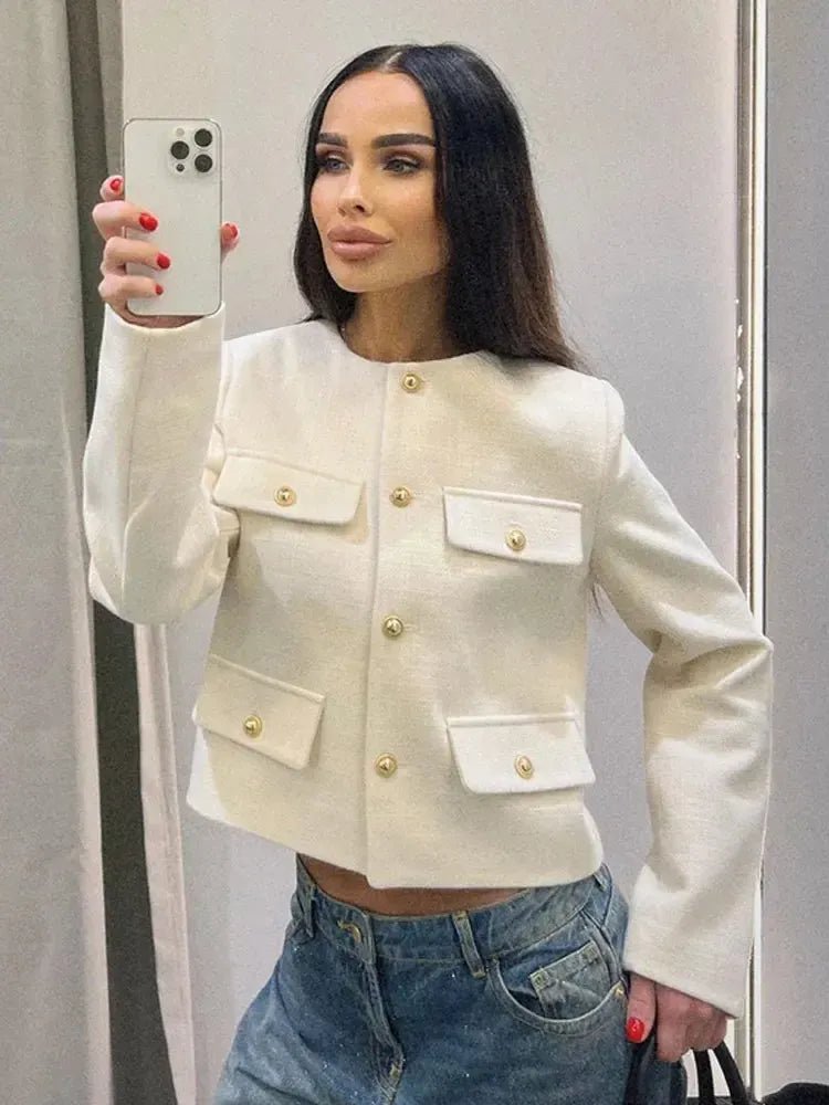 Women’s Cropped Textured Jacket with Button Front for Elegant Styling