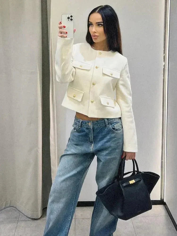 Styling Textured Jacket Women’s Cropped Textured Jacket with Button Front for Elegant Styling
