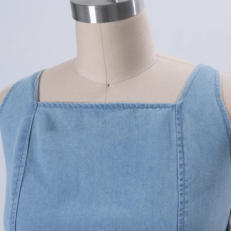 Women’s Denim Maxi Dress with Square Neck and Lace - Up Back
