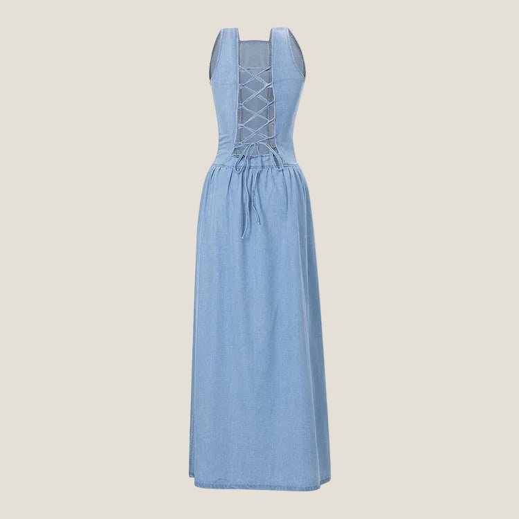 Women’s Denim Maxi Dress with Square Neck and Lace - Up Back