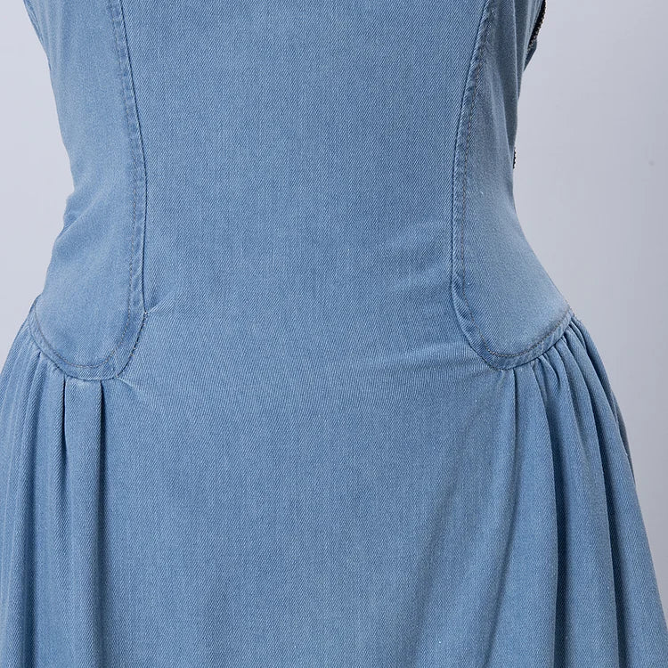 Women’s Denim Maxi Dress with Square Neck and Lace - Up Back