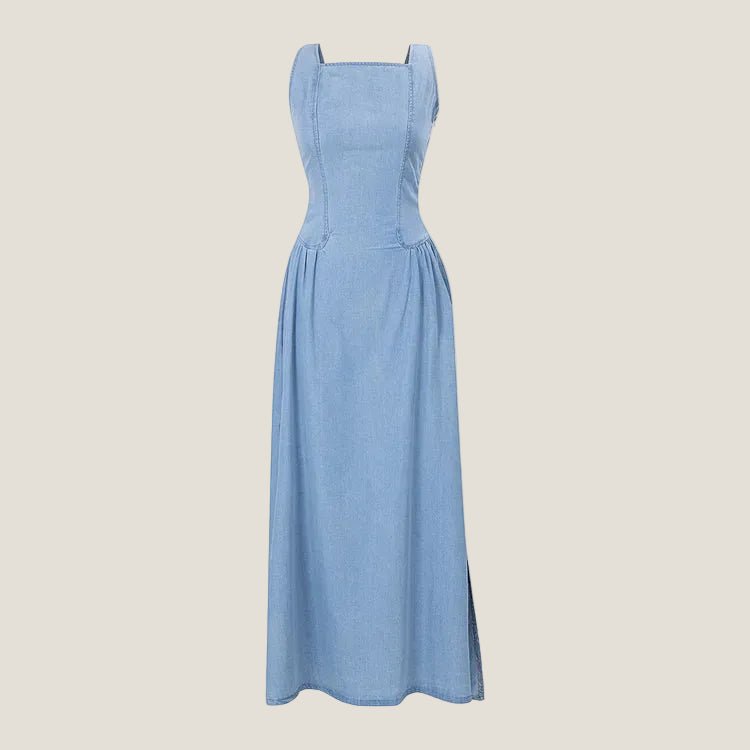 Women’s Denim Maxi Dress with Square Neck and Lace - Up Back