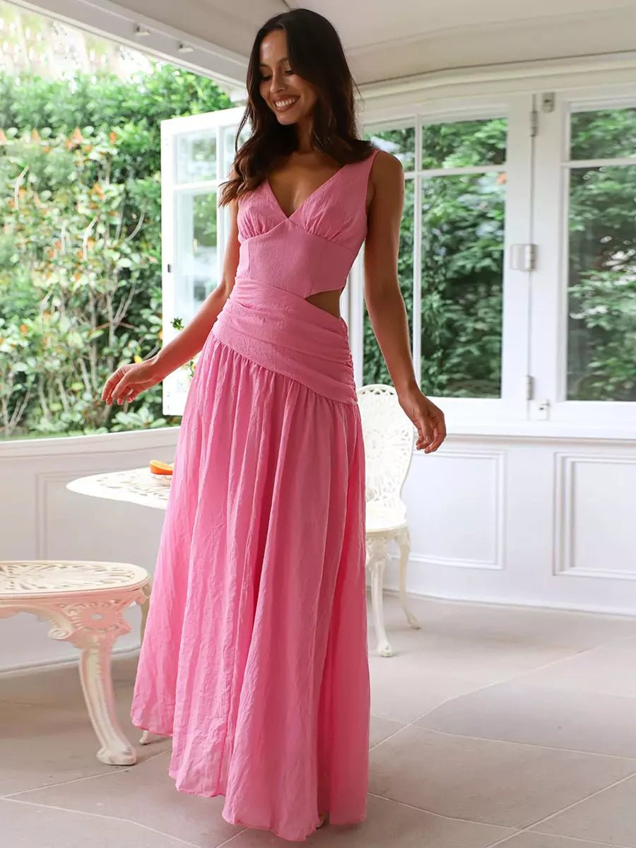 Women’s Drop Waist Maxi Dress with V - Neck and Side Cut - Out