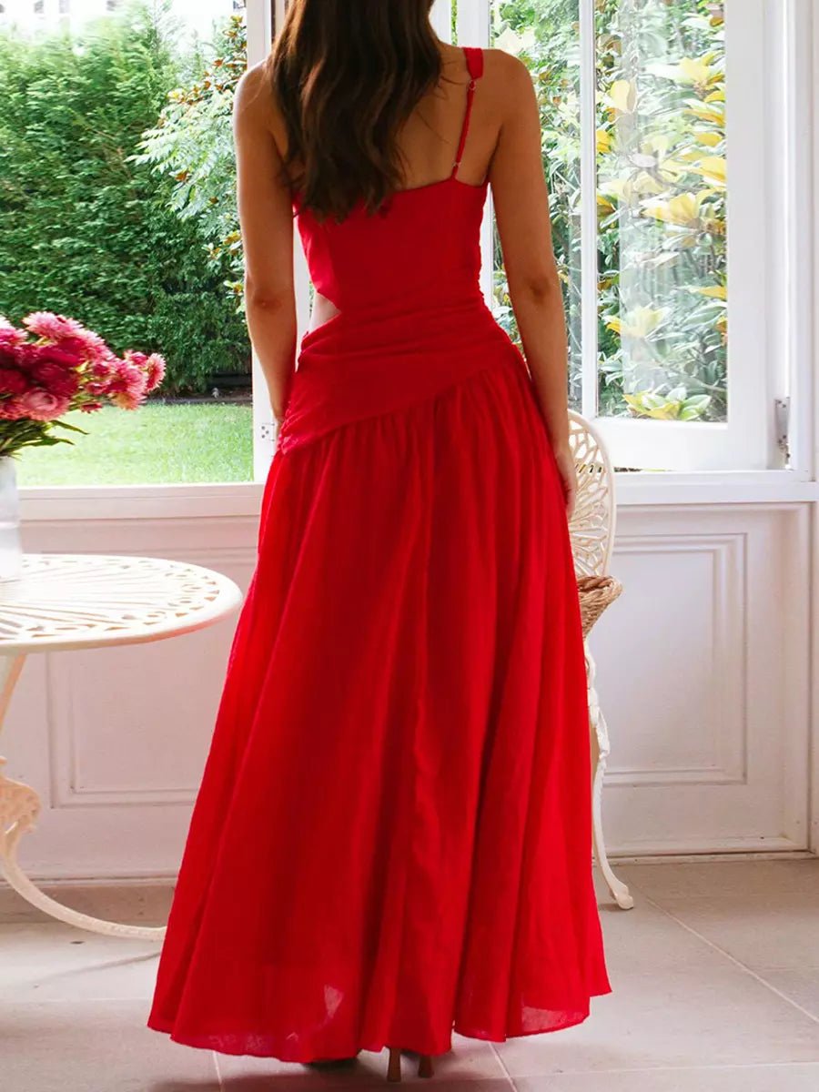 Women’s Drop Waist Maxi Dress with V - Neck and Side Cut - Out