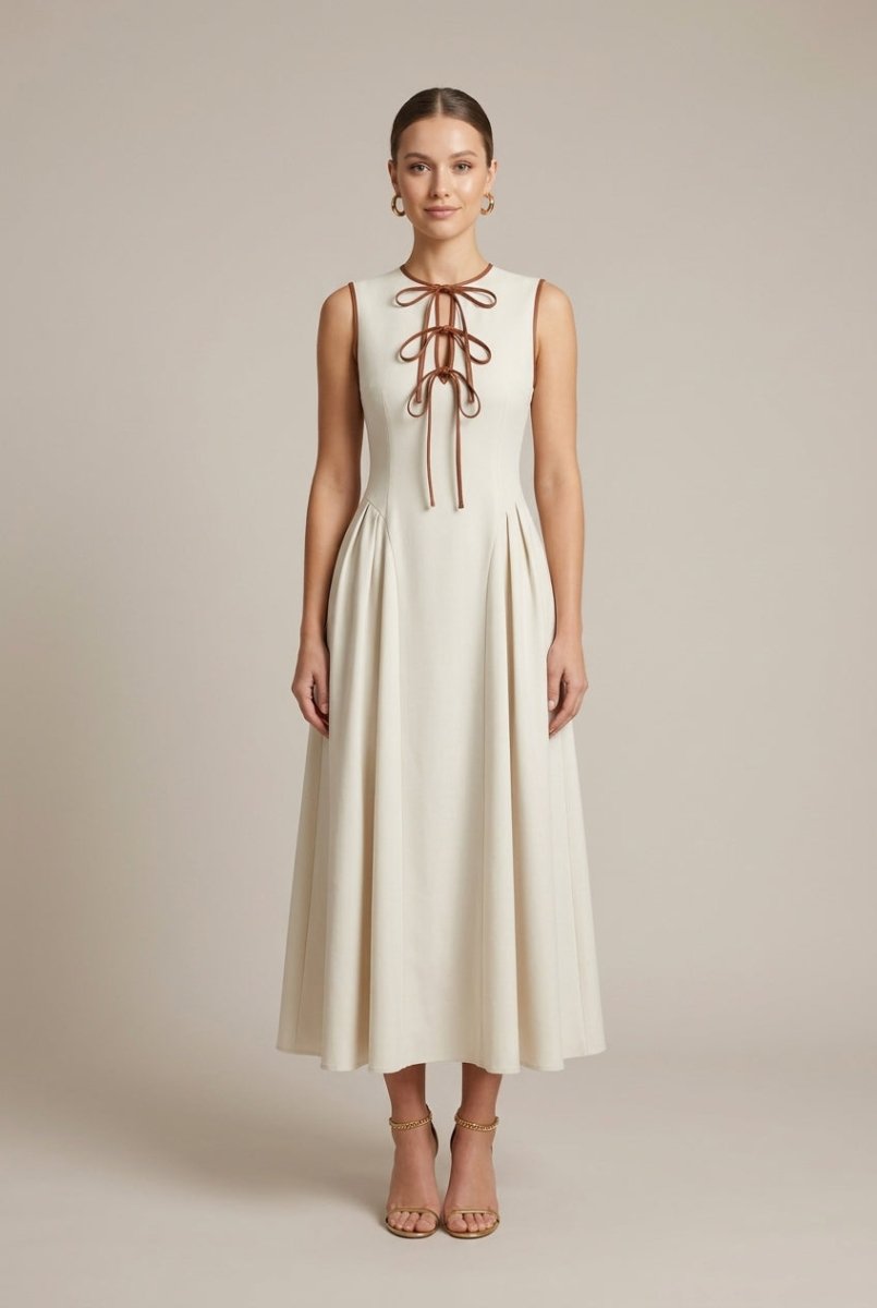 Women’s Drop Waist Midi Dress with Sleeveless Crew Neck and Bow Tie Detail
