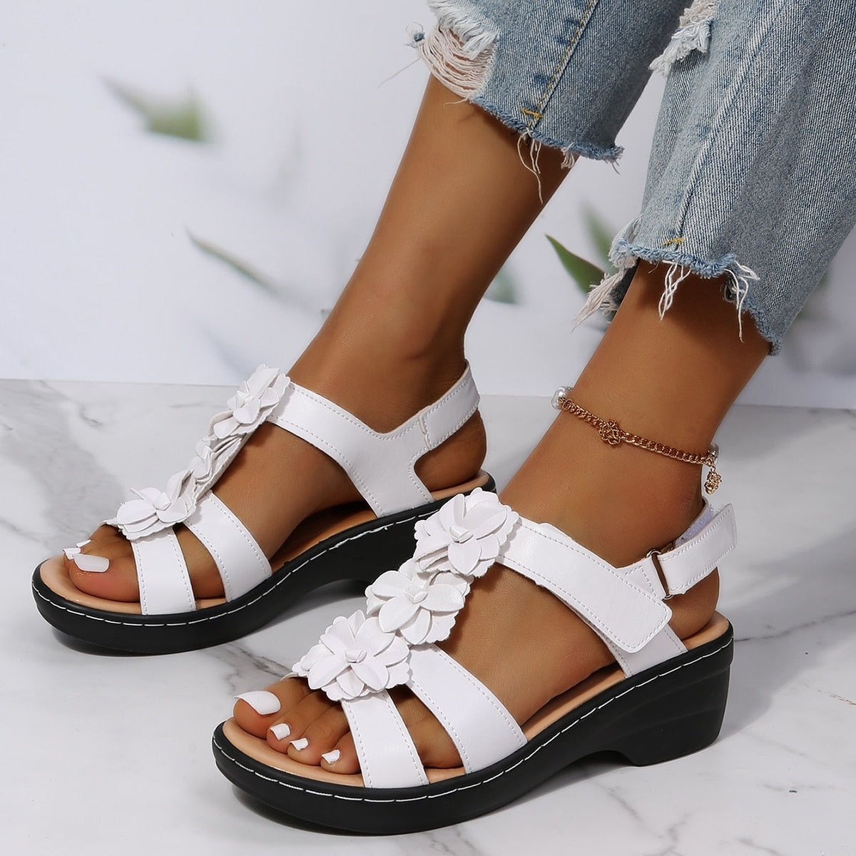 Women’s Elegant Floral Wedge Sandals – Adjustable Strap Comfort Design