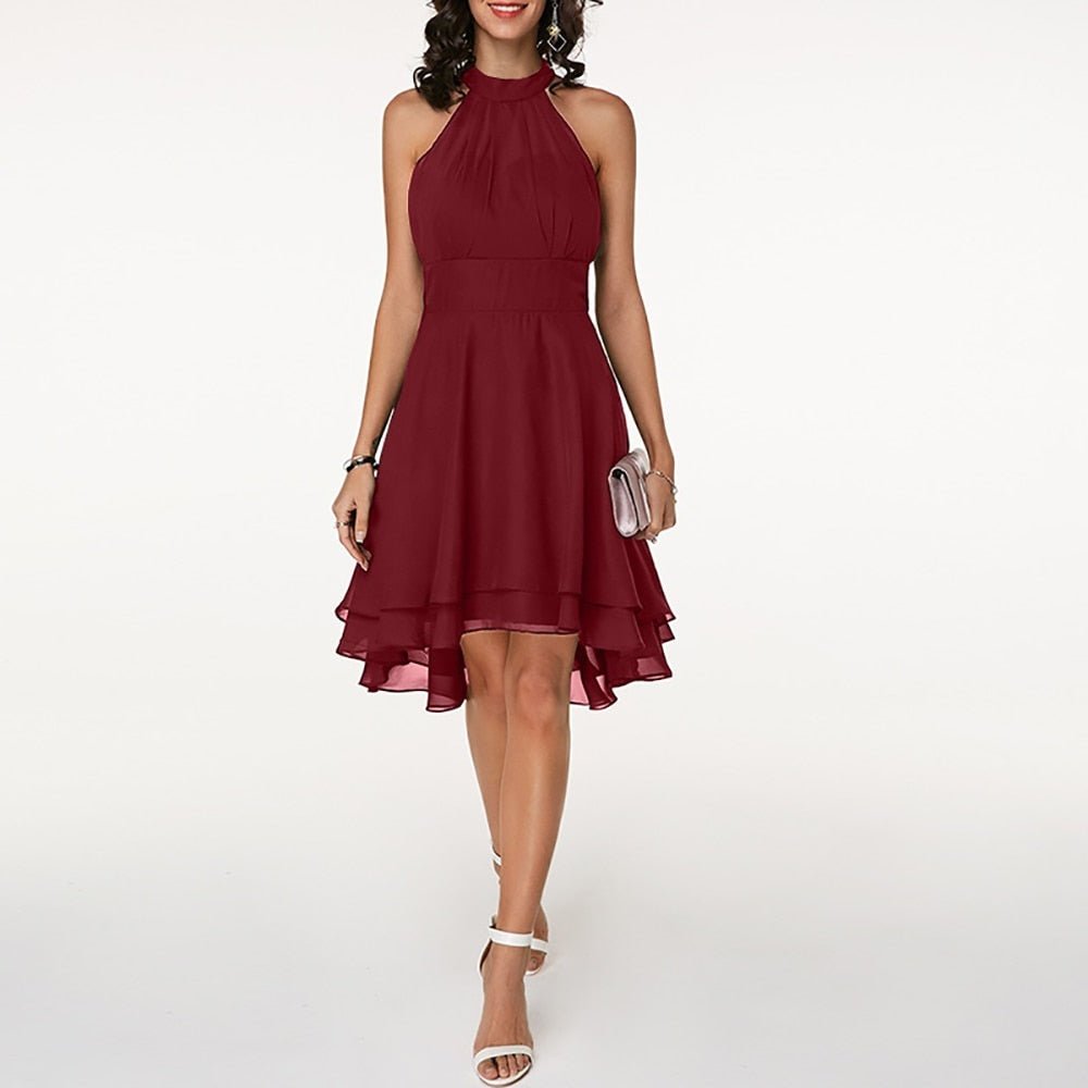 Women’s Elegant Ruffle Midi Dress – Halterneck Silhouette with Flowing Layers