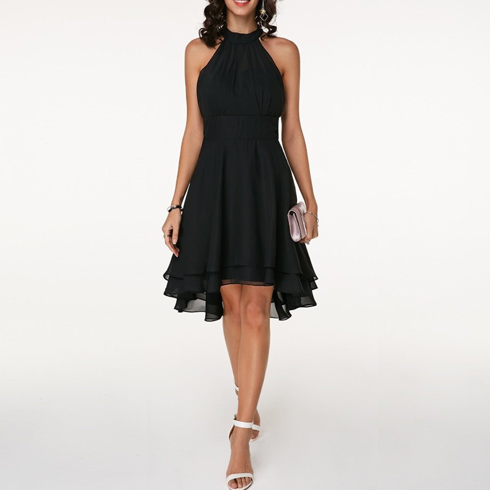 Women’s Elegant Ruffle Midi Dress – Halterneck Silhouette with Flowing Layers