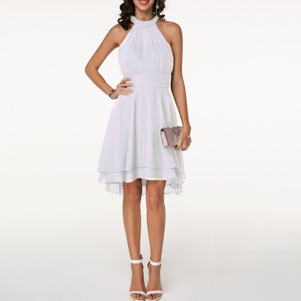 Women’s Elegant Ruffle Midi Dress – Halterneck Silhouette with Flowing Layers