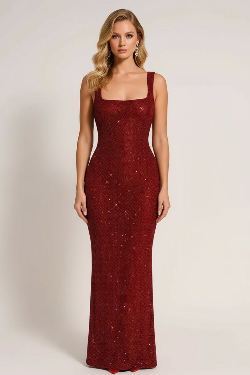 Women's Embellished Maxi Evening Dress – Square Neck Fitted Silhouette
