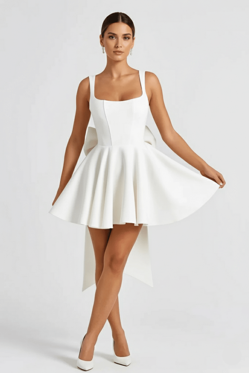 Women’s Flared Mini Dress – Elegant Cocktail Dress with Statement Bow Back
