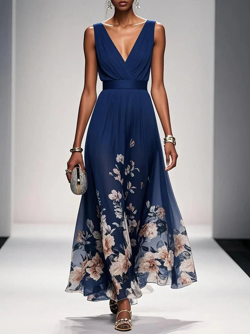 Women’s Floral Maxi Dress with V - Neck Sleeveless Design and Pleated Bodice