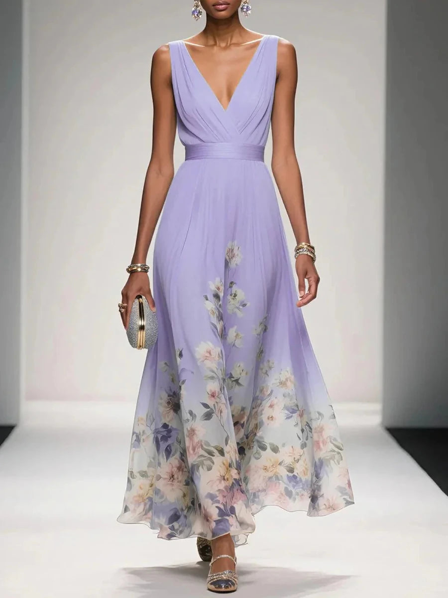 Women’s Floral Maxi Dress with V - Neck Sleeveless Design and Pleated Bodice