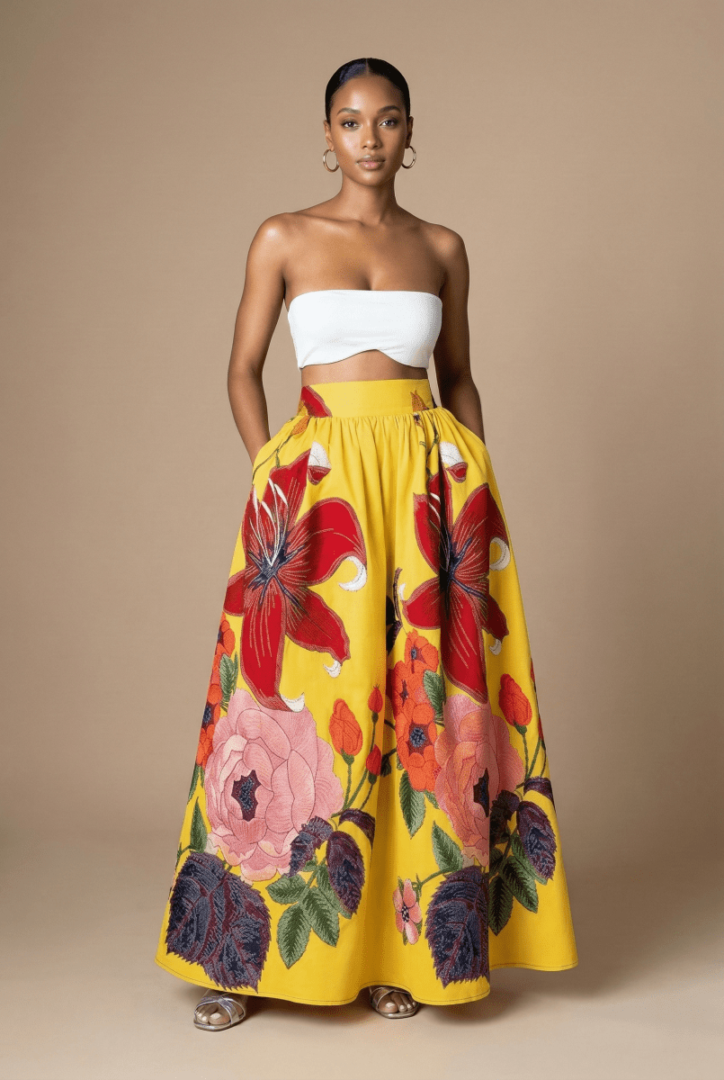 Women’s Floral Maxi Skirt with High Waist and Pleated A - Line Silhouette