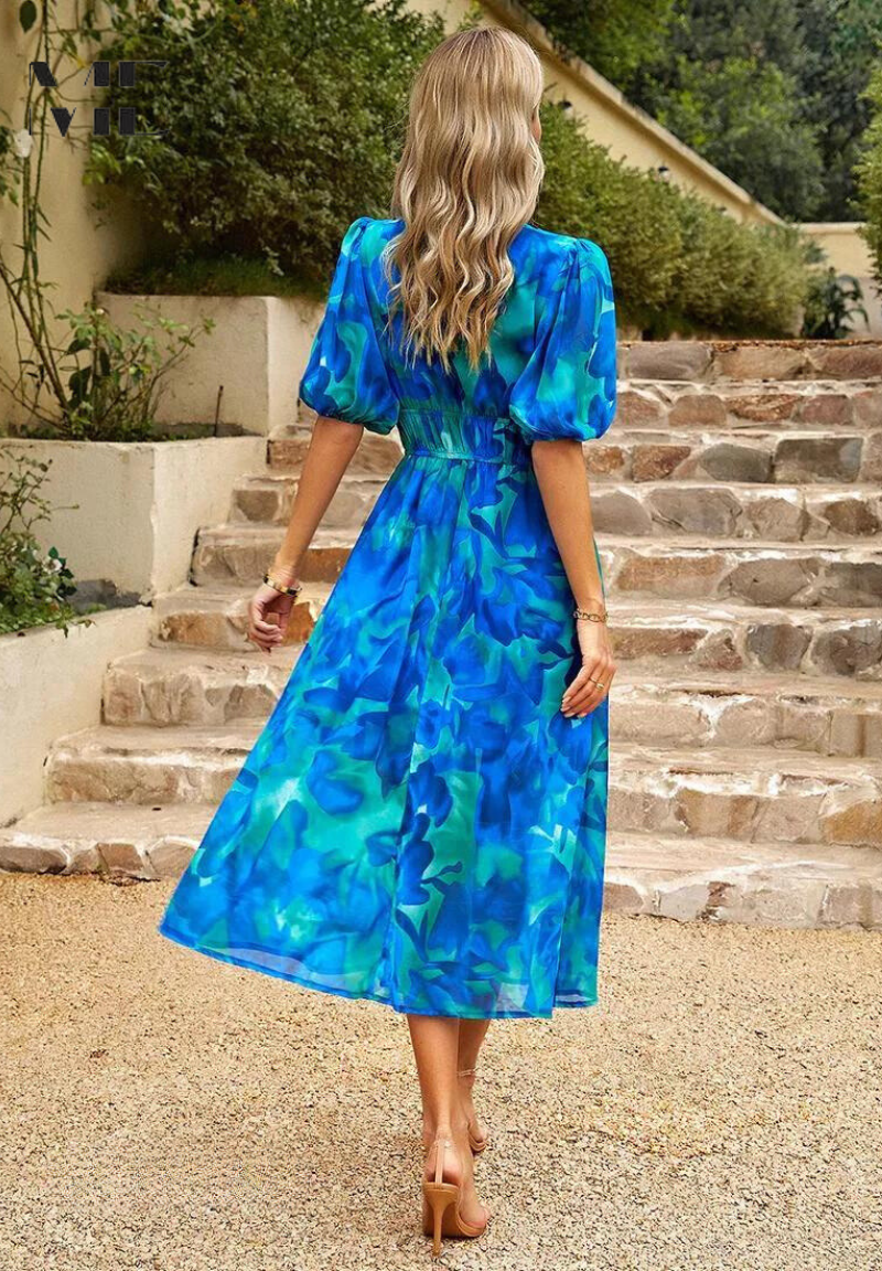 Women’s Floral Print Midi Dress with V - Neck and Short Puff Sleeves