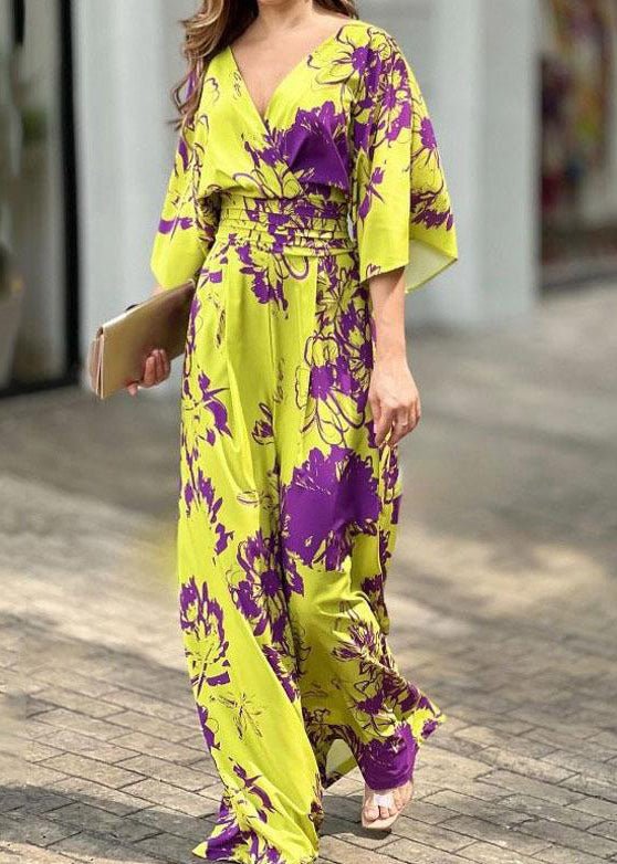 Women’s Floral V - Neck Jumpsuit - Wide Sleeve Waist - Cinched