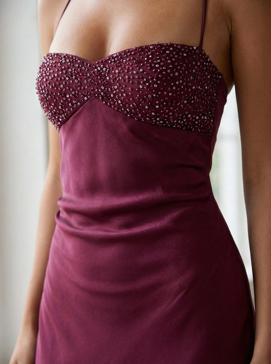 Women's Satin Maxi Dress Beaded Bustier Halter Neck