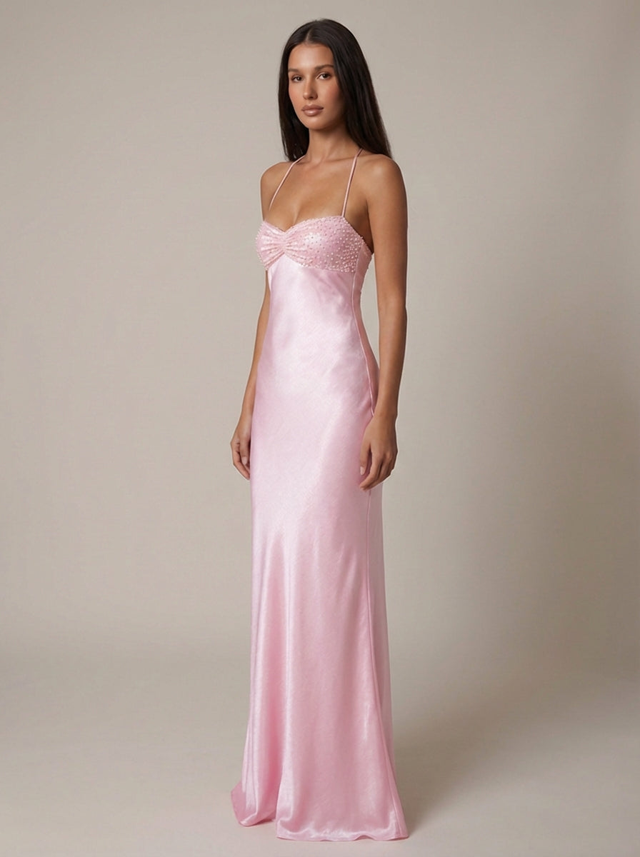 Women's Satin Maxi Dress Beaded Bustier Halter Neck