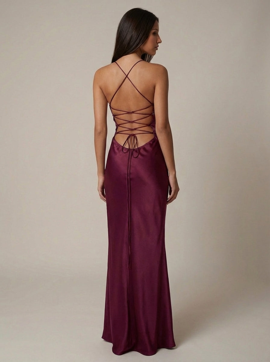 Women's Satin Maxi Dress Beaded Bustier Halter Neck