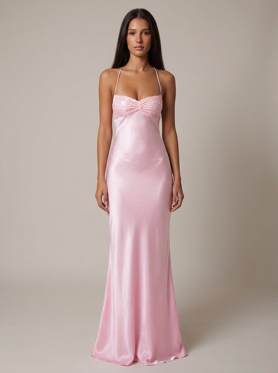Women's Satin Maxi Dress Beaded Bustier Halter Neck