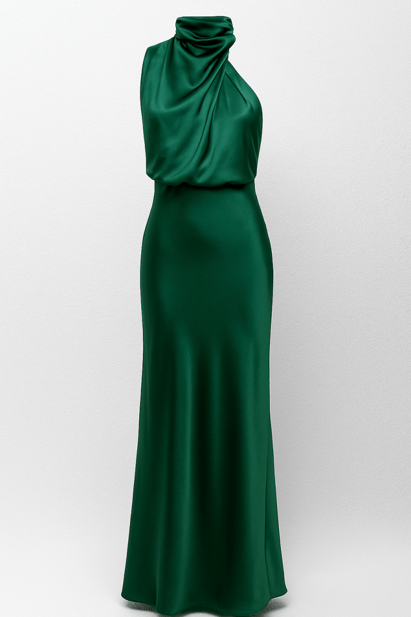 Women’s High - Neck Maxi Dress – Elegant Draped Silhouette for Evening and Formal Events