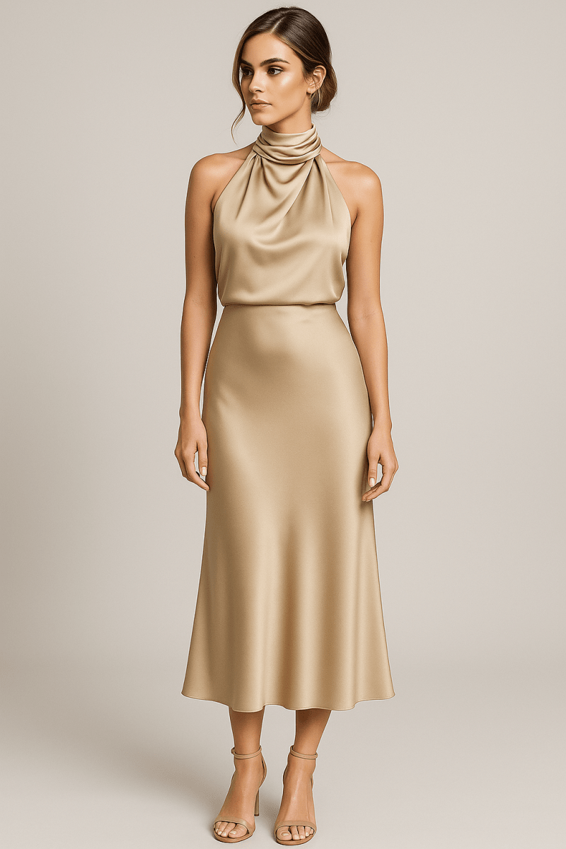 Women’s High - Neck Maxi Dress – Elegant Draped Silhouette for Evening and Formal Events