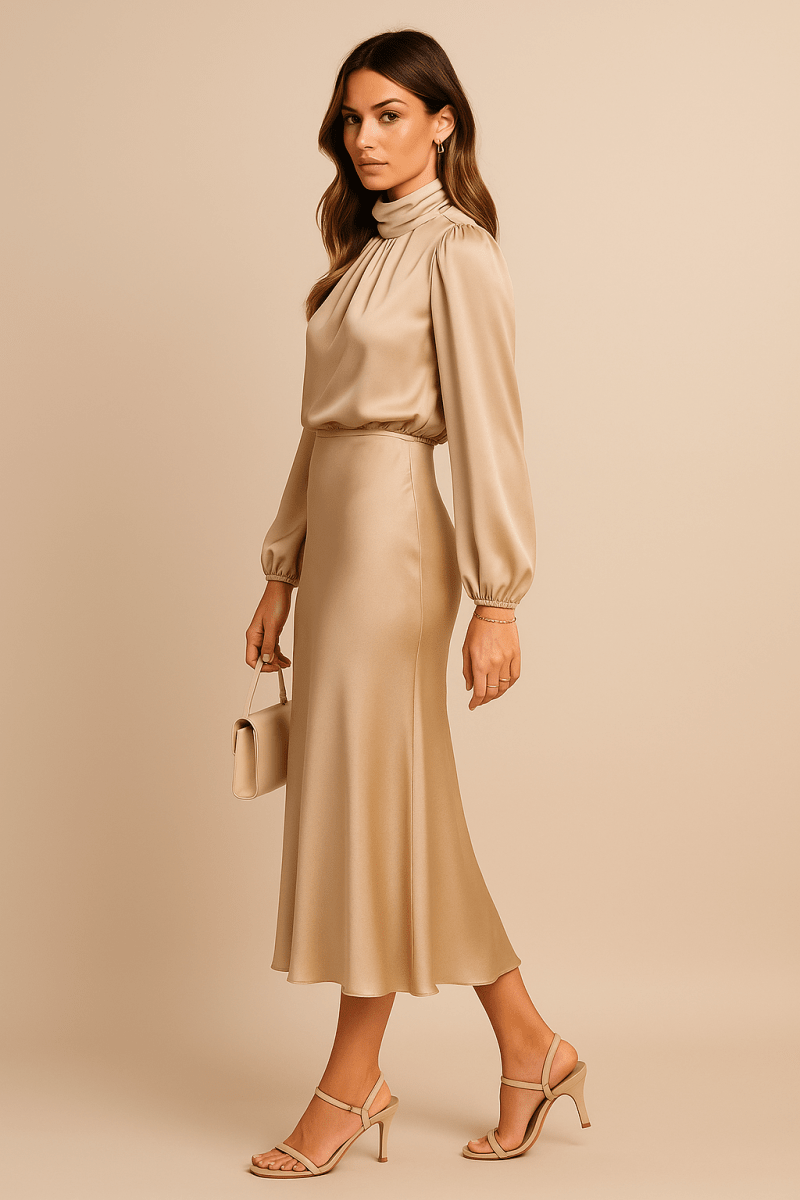 Women’s High Neck Midi Dress – Refined High - Waist Silhouette with Elegant Flow