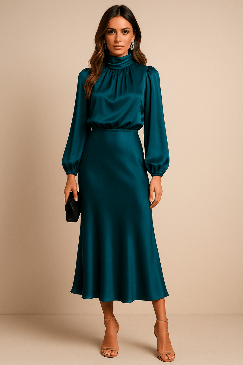 Women’s High Neck Midi Dress – Refined High - Waist Silhouette with Elegant Flow