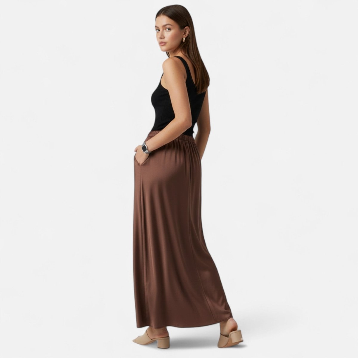 Women’s High - Waist Maxi Skirt with Fluid Silhouette and Elegant Draped Finish