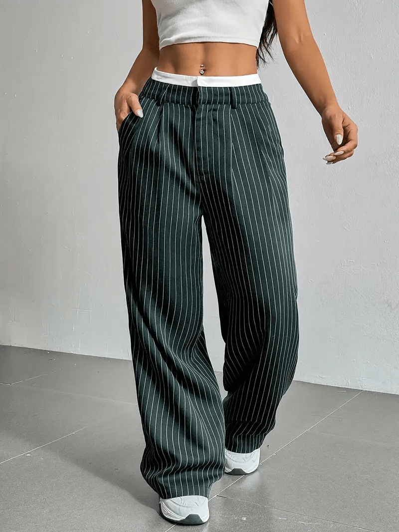 Women’s High Waist Straight Leg Pants with Vertical Stripe Pattern and Front Closure