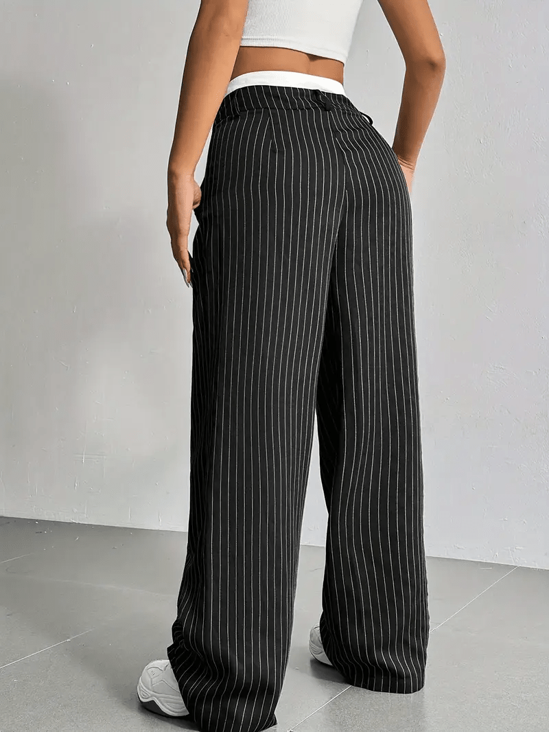 Women’s High Waist Straight Leg Pants with Vertical Stripe Pattern and Front Closure