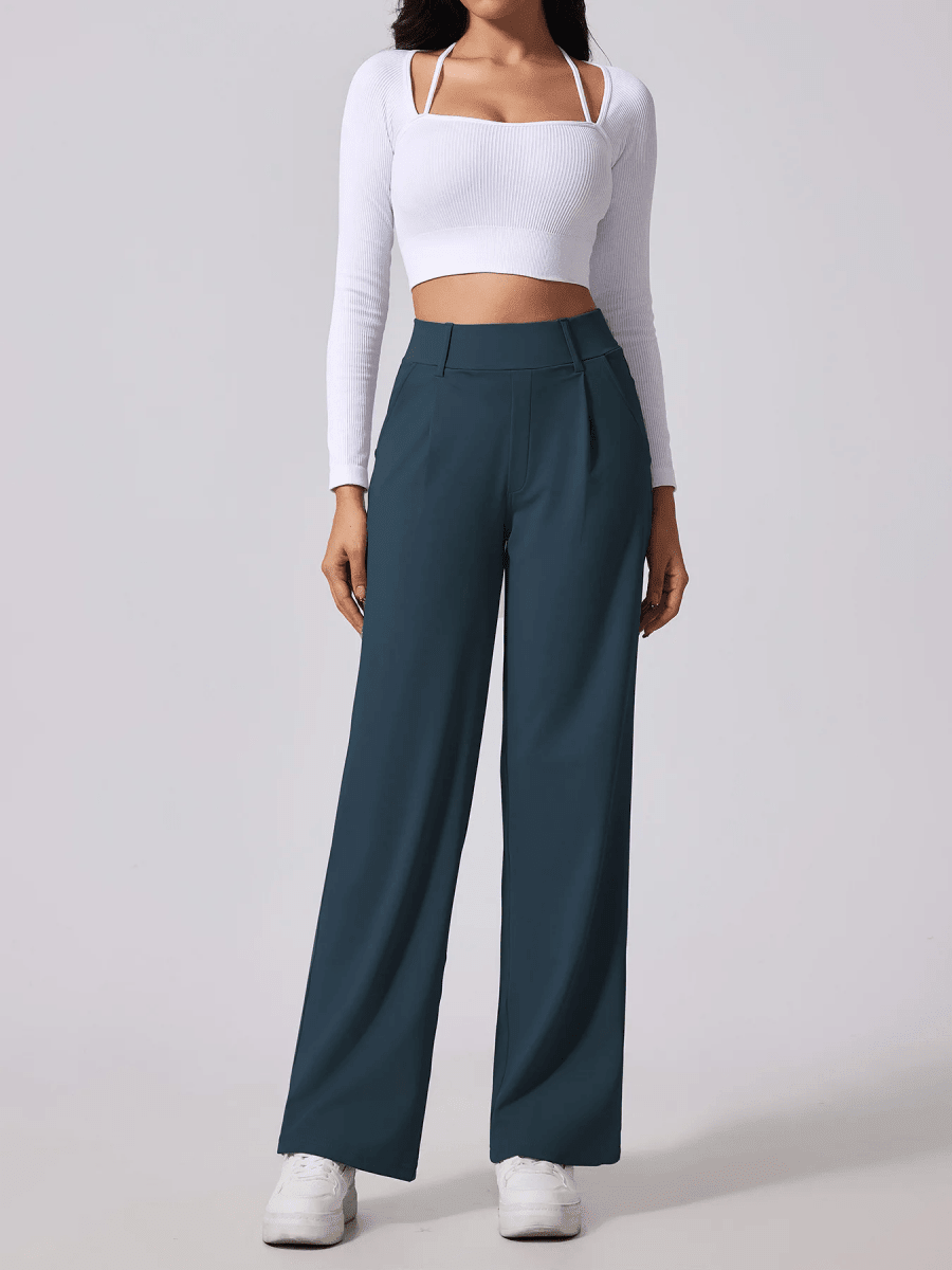 Women’s High - Waist Wide - Leg Pants with Front Pleats and Side Pockets