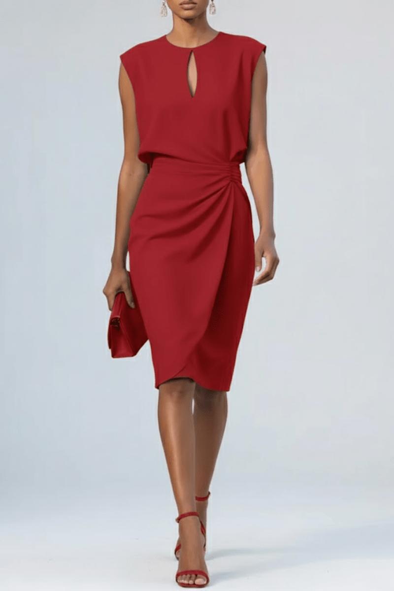 Women’s Keyhole Neck Midi Dress – Elegant Ruched Waist Silhouette