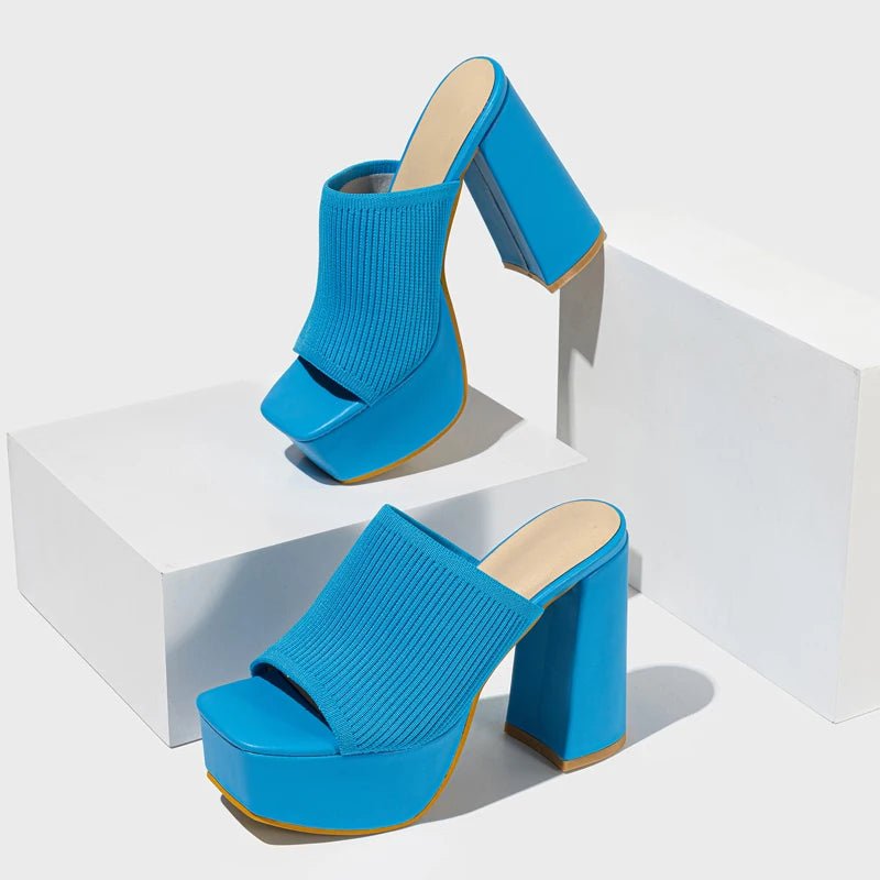 Women’s Knit Strap Platform Mule Heels – Open Toe Block Heel Slip - On Sandals