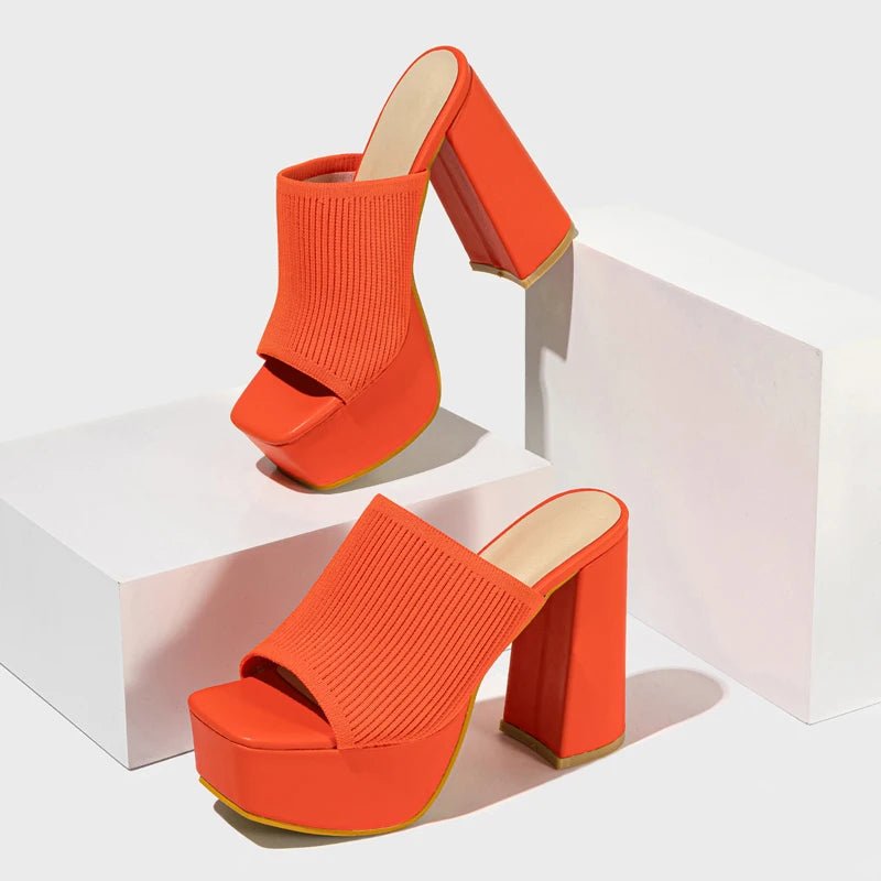 Women’s Knit Strap Platform Mule Heels – Open Toe Block Heel Slip - On Sandals
